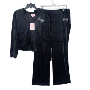 Juicy Couture Tracksuit Size 1X Black Velour Rhinestone Hoodie Pant Set NWT $199